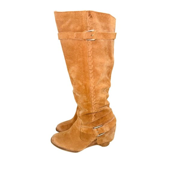 Naughty Monkey Tan Suede Knee-High Slouchy Distressed Boots Boho Western Wedge - Picture 4 of 13